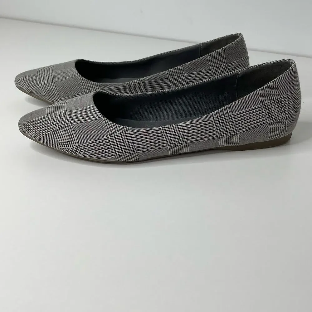 Marks Spencer Flat Ballet Slip On Pointed‎ Toe Shoe Plaid Gray 9 Academia Career